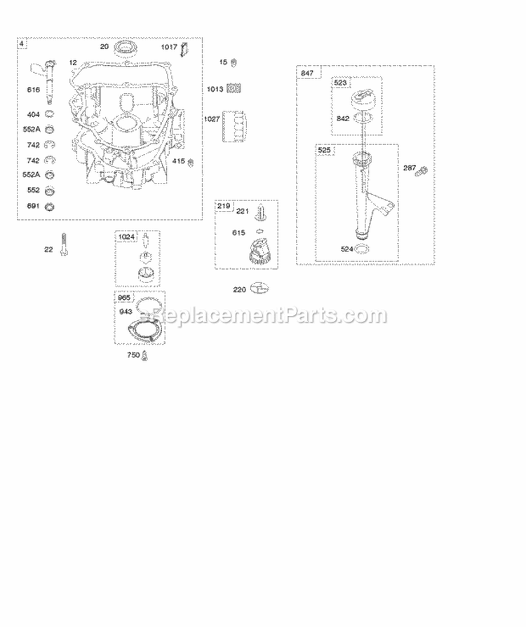 Engine Sump Oil Pump DipstickTube Assembly Diagram and Parts List for 44R677-0001-G1  Briggs and Stratton Engine